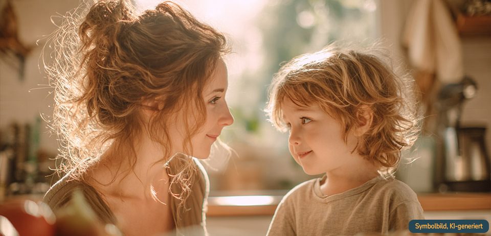 Mutter erklärt Kind IVF kindgerecht Mutter und Kind schauen sich liebevoll an – IVF kindgerecht erklären