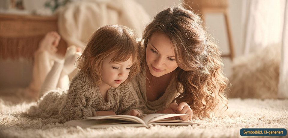 Mutter liest mit Kind ein Buch – Kinderbuch Embryospende für Familien