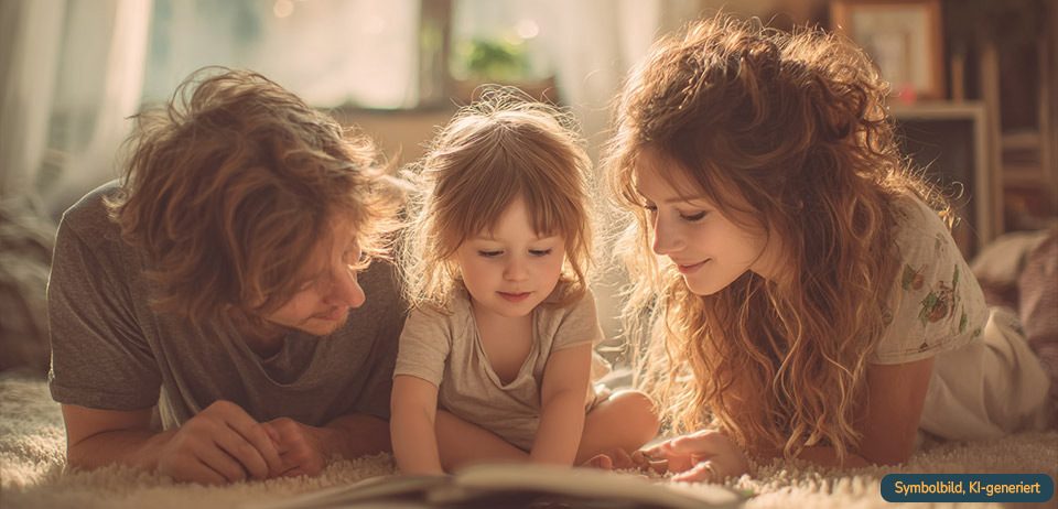 Vater, Mutter und Tochter lesen gemeinsam – Kinderwunschklinik kindgerecht erklären
