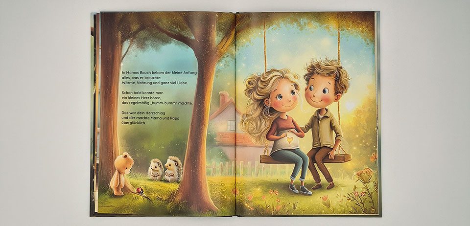 Illustrierte Doppelseite aus dem Kinderbuch künstliche Befruchtung