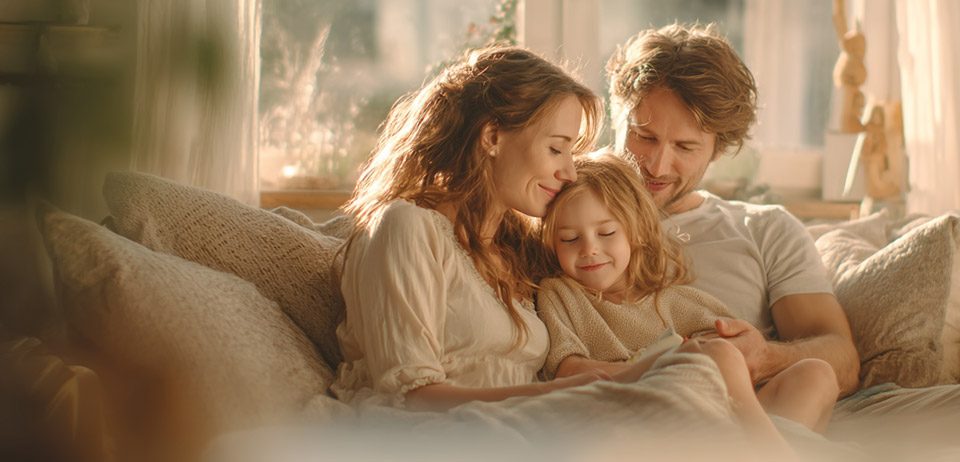 Familie mit Kind beim gemeinsamen Vorlesen – für Eltern nach IVF-Naturelle® und Kinderwunschbehandlung