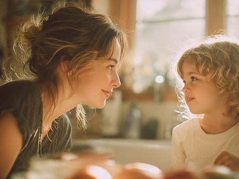 Mutter und Spenderkind sitzen sich gegenüber und schauen sich an – ein offenes, vertrautes Gespräch zwischen Elternteil und Kleinkind