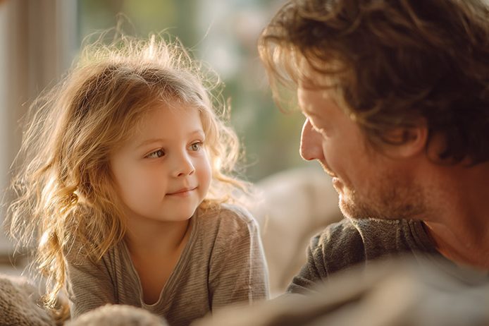 Kind schaut Elternteil aufmerksam an – offenes Gespräch über Embryonenspende in ruhiger Umgebung