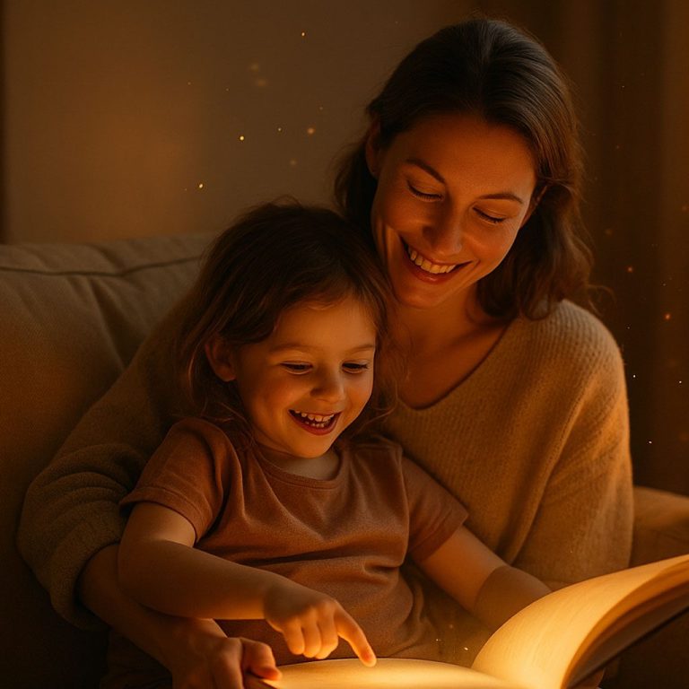 Mutter liest gemeinsam mit Kind ein Buch – warmes, emotionales Vorlesemoment in gemütlicher Atmosphäre