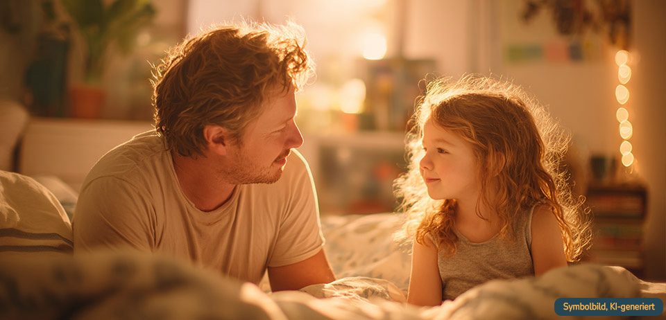 Vater und Tochter im Gespräch im Bett – Spenderkind behutsam aufklären
