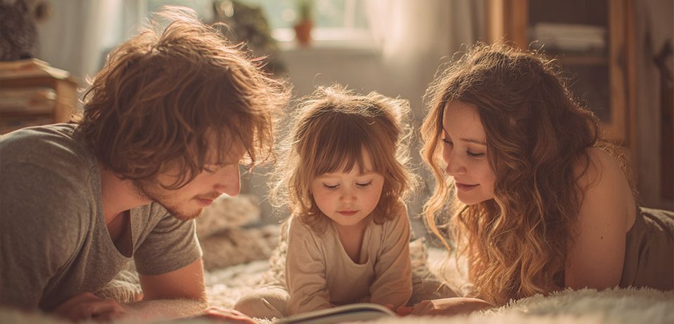 Vater, Mutter und Tochter lesen gemeinsam – Kinderwunschklinik kindgerecht erklären