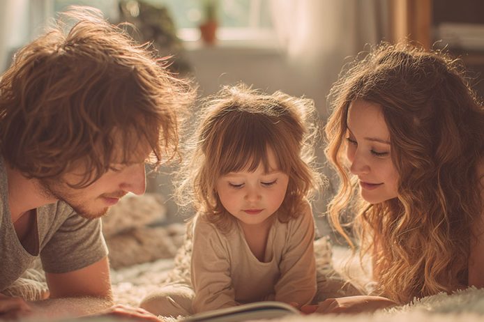 Erwachsene und Kind schauen gemeinsam auf ein Kinderwunschklinik-Buch – konzentrierte, geborgene Situation