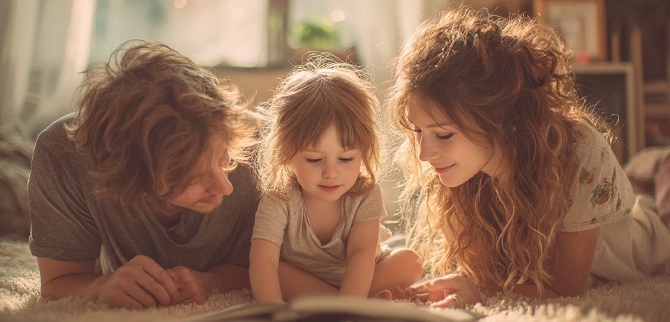 Eltern lesen mit Kind ein Buch – Kinderbuch Samenspende für Familien