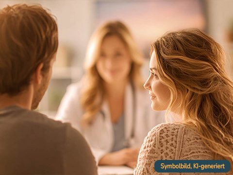 Beratungsgespräch zu IVF-Naturelle® in der Kinderwunschklinik Ärztin berät Paar bei der Kinderwunschbehandlung zu IVF-Naturelle®