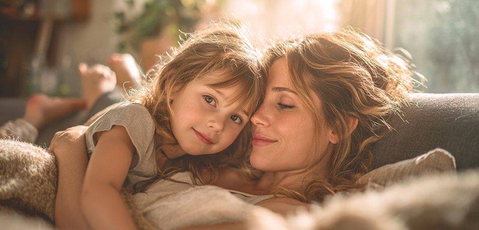 Mutter und Kind kuscheln – Eizellspende mit Nähe erklären Mutter und Kind kuscheln auf dem Sofa – Eizellspende kindgerecht und liebevoll erklären