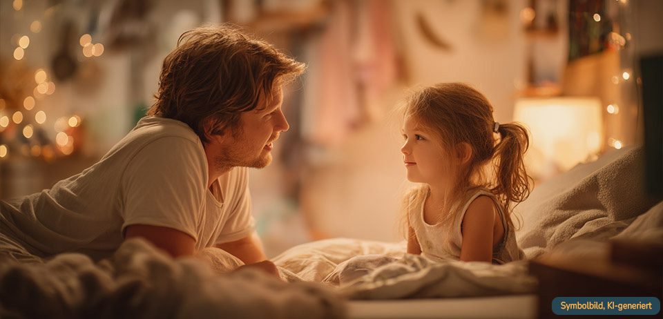 Vater und Tochter im Gespräch im Kinderzimmer – Eizellspende kindgerecht erklären
