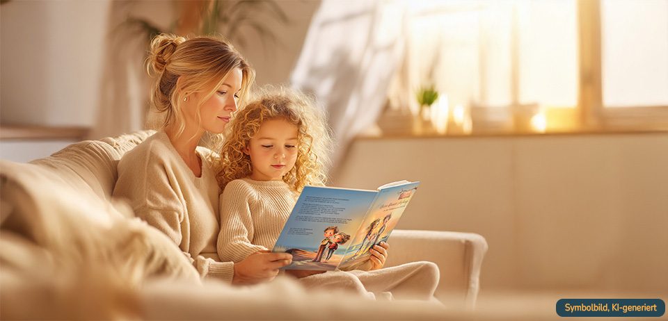 Gemeinsames Vorlesen eines Kinderbuchs über Kinderwunsch in ruhiger Atmosphäre Mutter liest mit Kind ein Kinderbuch über Kinderwunsch auf dem Sofa