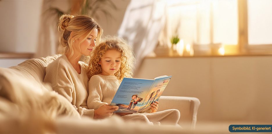 Mutter liest Kinderbuch über  künstliche Befruchtung gemeinsam mit ihrem Kind