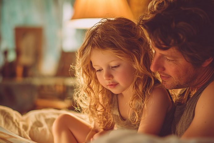 Vater und Kind lesen gemeinsam ein Eizellspende-Kinderbuch – ruhige, vertraute Atmosphäre beim Vorlesen