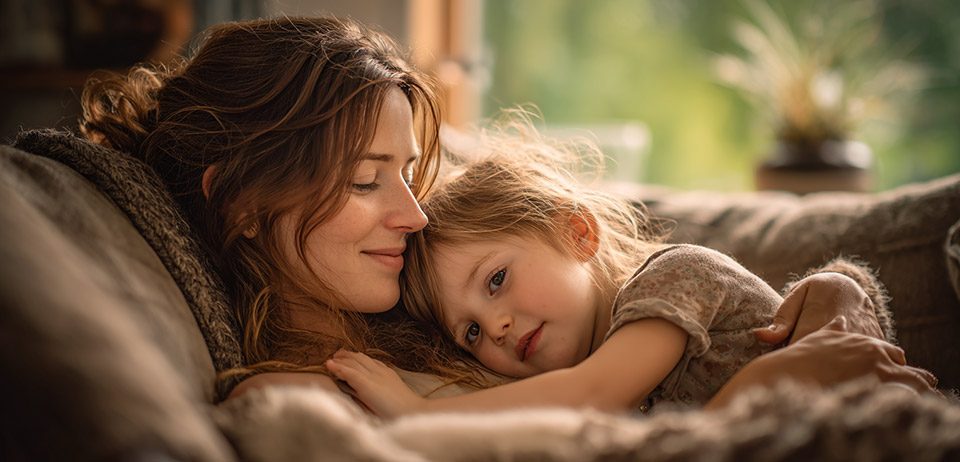 Mutter und Kind kuscheln auf dem Sofa – Samenspende kindgerecht und liebevoll erklären