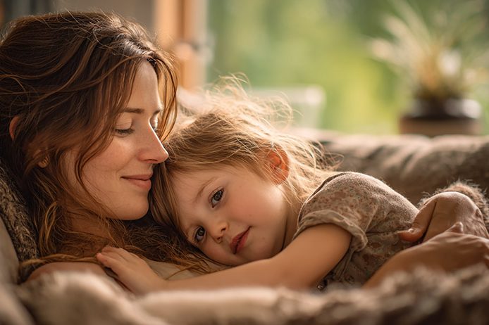 Mutter liegt mit kleinem Kind, inniger Moment zum Thema Samenspende zwischen Elternteil und Kleinkind
