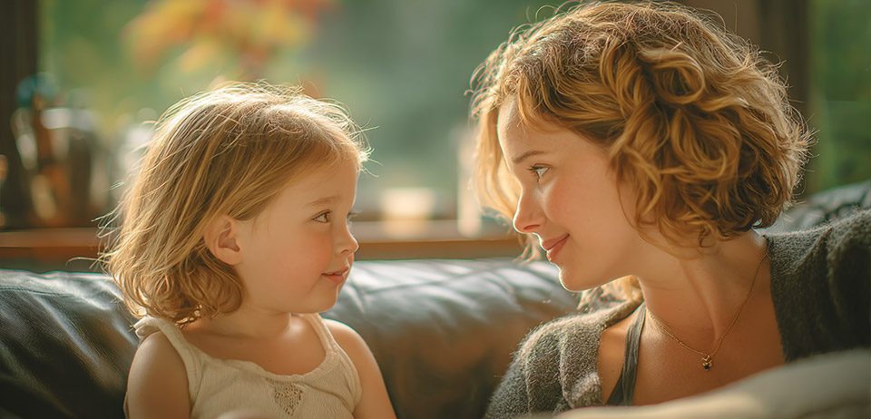 Mutter erklärt Tochter die Eizellspende kindgerecht Mutter und Tochter schauen sich an – Eizellspende kindgerecht erklären