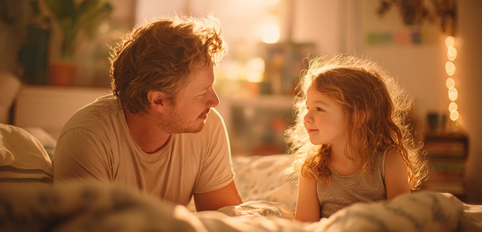 Vater und Tochter im Gespräch im Bett – Spenderkind behutsam aufklären