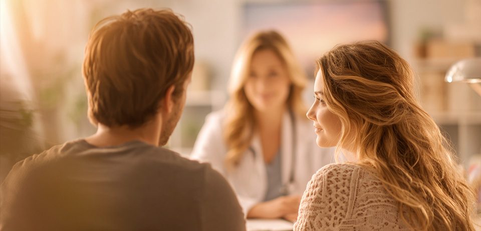 Paar im Beratungsgespräch bei der Ärztin – Kinderwunschbehandlung und IVF-Naturelle® als sanfter Weg zum Wunschkind
