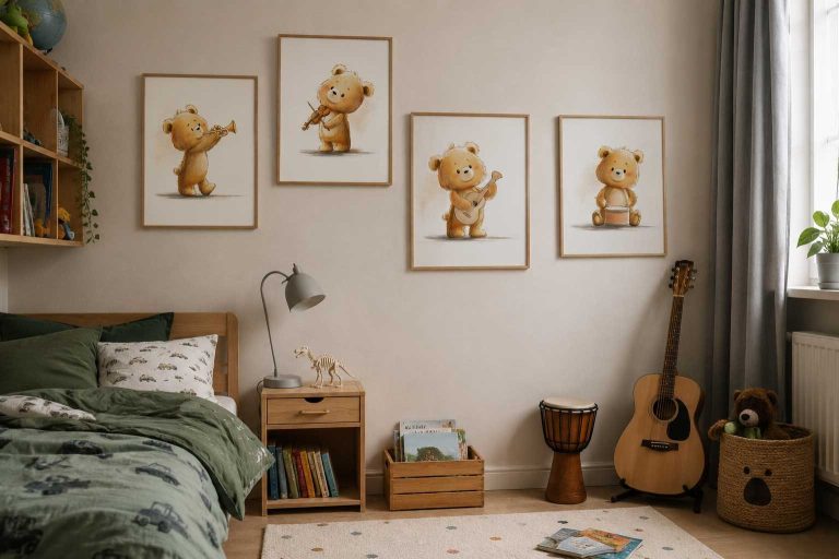 Kleine Musikmomente als Poster für Kinder- und Babyzimmer Poster für Wunschkinder: "Kleine Musikmomente" mit dem Teddy aus den Glanzfunke-Büchern an Musikinstrumenten