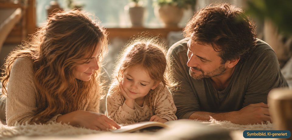 Eltern lesen mit ihrer Tochter ein Aufklärungsbuch zur Eizellspende
