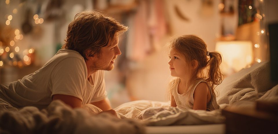 Vater erklärt Kind die Eizellspende beim Zubettgehen Vater und Tochter im Gespräch im Kinderzimmer – Eizellspende kindgerecht erklären