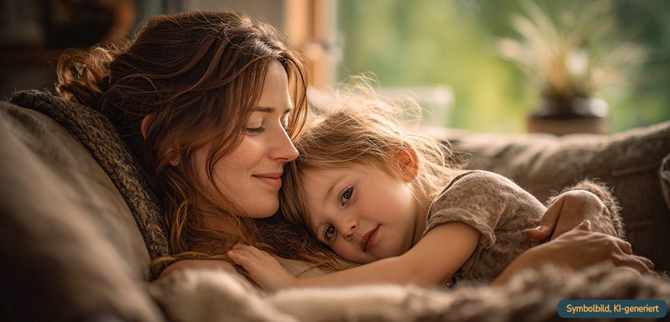 Mutter und Kind kuscheln auf dem Sofa – Samenspende kindgerecht und liebevoll erklären