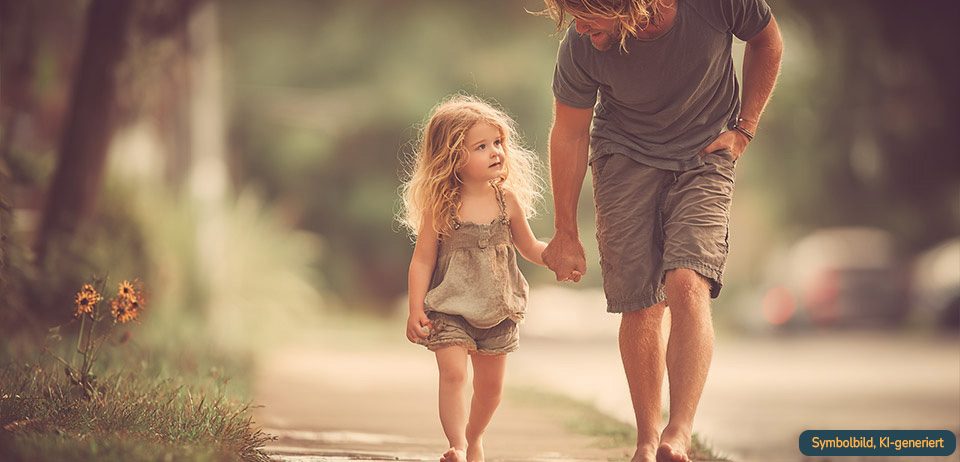 Vater und Kind spazieren – offen über Fragen sprechen Vater und Tochter spazieren Hand in Hand – offen über Fragen zur Entstehung als Spenderkind sprechen