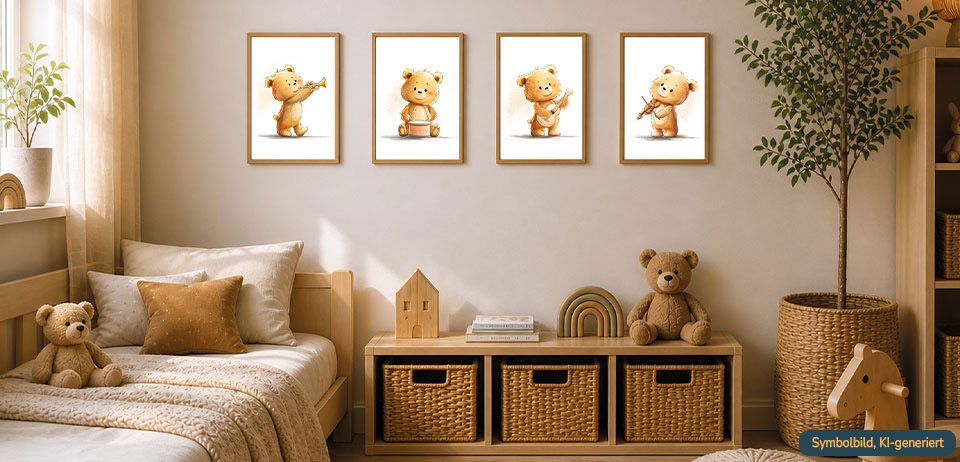 Kinderzimmer Poster für Wunschkinder mit dem Musik-Teddy Poster-Set "Kleine Musikmomente" mit Glanzfunke-Teddy im Kinderzimmer