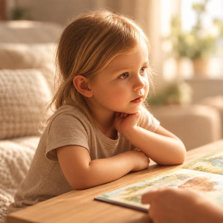 Kind betrachtet aufmerksam ein Kinderbuch – ruhige, altersgerechte Vorlesesituation