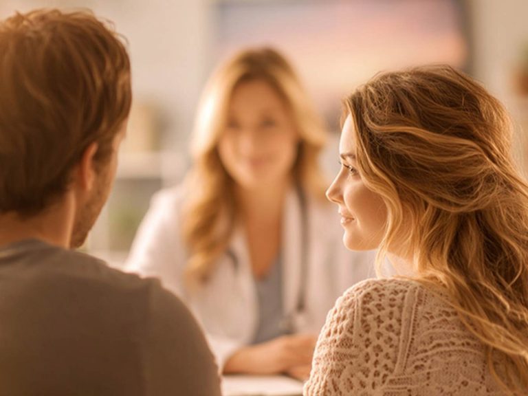 Beratungsgespräch zu IVF-Naturelle® in der Kinderwunschklinik Ärztin berät Paar bei der Kinderwunschbehandlung zu IVF-Naturelle®