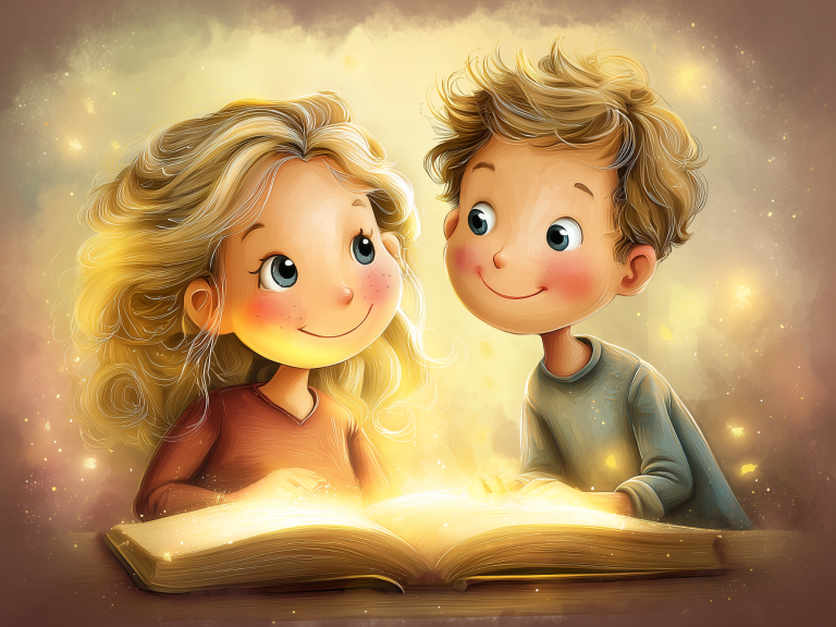 Paar betrachtet gemeinsam ein leuchtendes Buch – symbolische Darstellung für Geschichten und gemeinsames Vorlesen