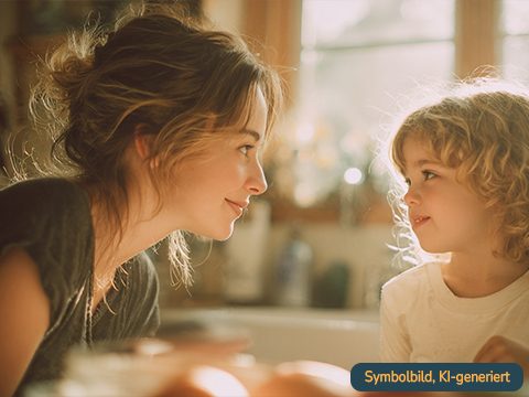 Elterngespräch mit Spenderkind – kindgerecht erklären Mutter und Spenderkind sitzen sich gegenüber und schauen sich an – ein offenes, vertrautes Gespräch zwischen Elternteil und Kleinkind