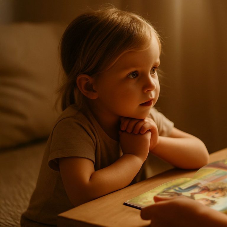 Kind betrachtet aufmerksam ein Kinderbuch – ruhige, altersgerechte Vorlesesituation
