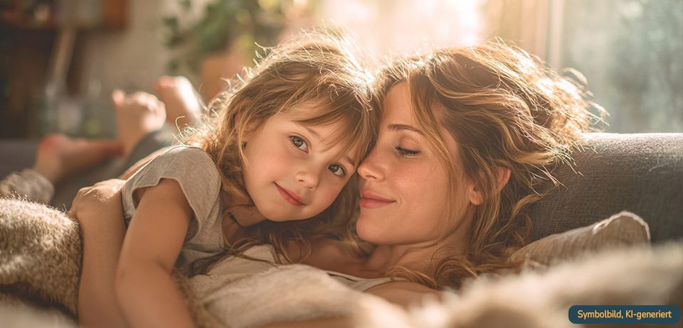 Mutter und Kind kuscheln auf dem Sofa – Eizellspende kindgerecht und liebevoll erklären