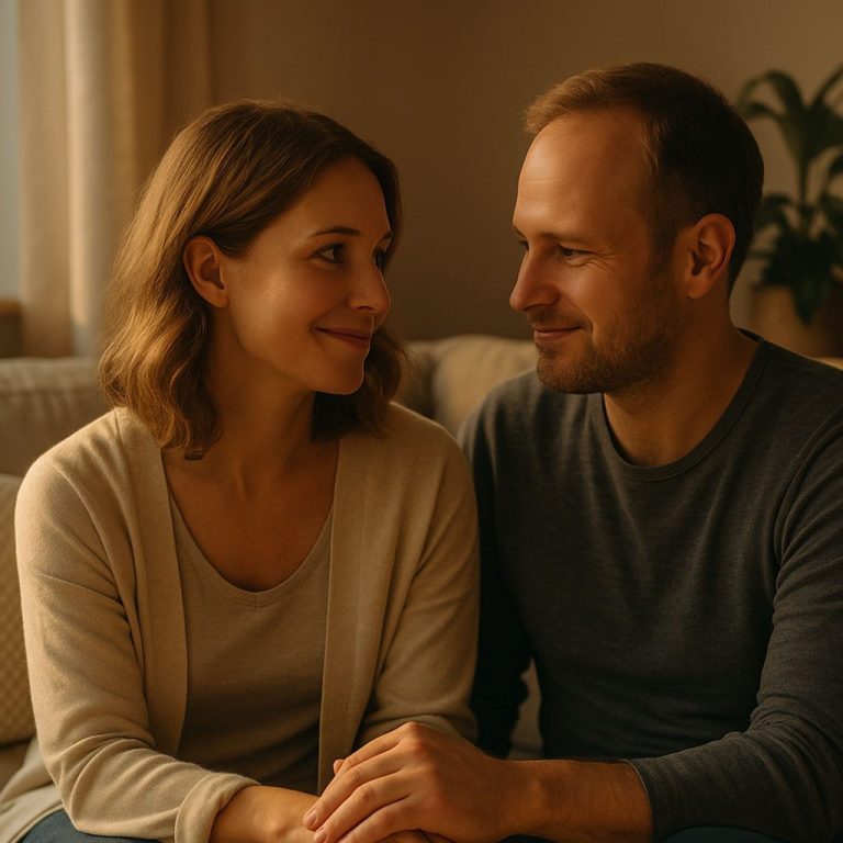 Eltern sitzen gemeinsam auf dem Sofa – ruhiger Moment für Familien mit Kinderwunsch-Geschichte