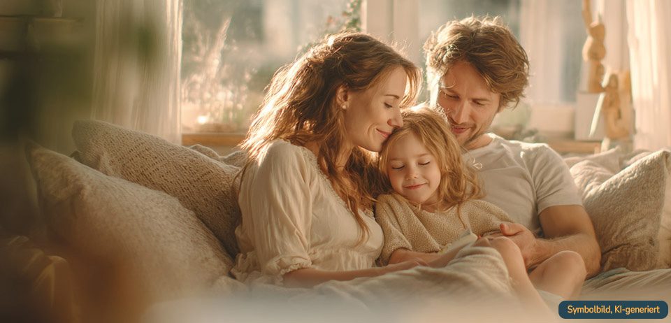 Familie mit Kind beim gemeinsamen Vorlesen – für Eltern nach IVF-Naturelle® und Kinderwunschbehandlung