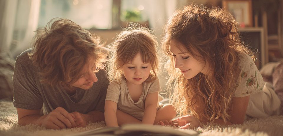 Familie liest gemeinsam – Eizellspende kindgerecht erklären mit Buch Eltern lesen mit Kind ein Buch – Eizellspende kindgerecht erklären mit Geschichten
