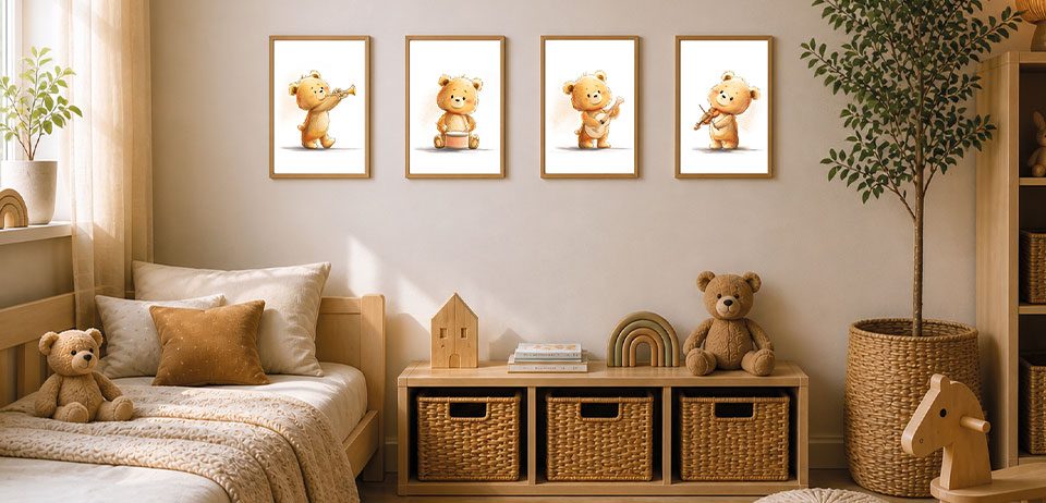 Kinderzimmer Poster für Wunschkinder mit dem Musik-Teddy Poster-Set "Kleine Musikmomente" mit Glanzfunke-Teddy im Kinderzimmer