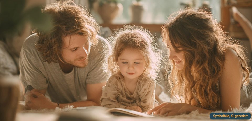 Gemeinsam über Eizellspende sprechen Eltern lesen mit ihrer Tochter ein Aufklärungsbuch zur Eizellspende