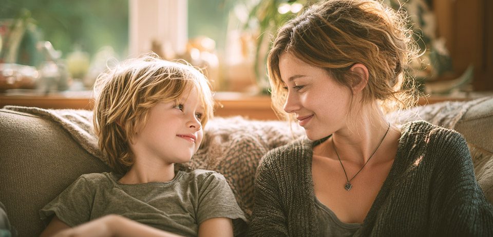 Mutter im Gespräch mit älterem Kind – Spenderkind aufklären