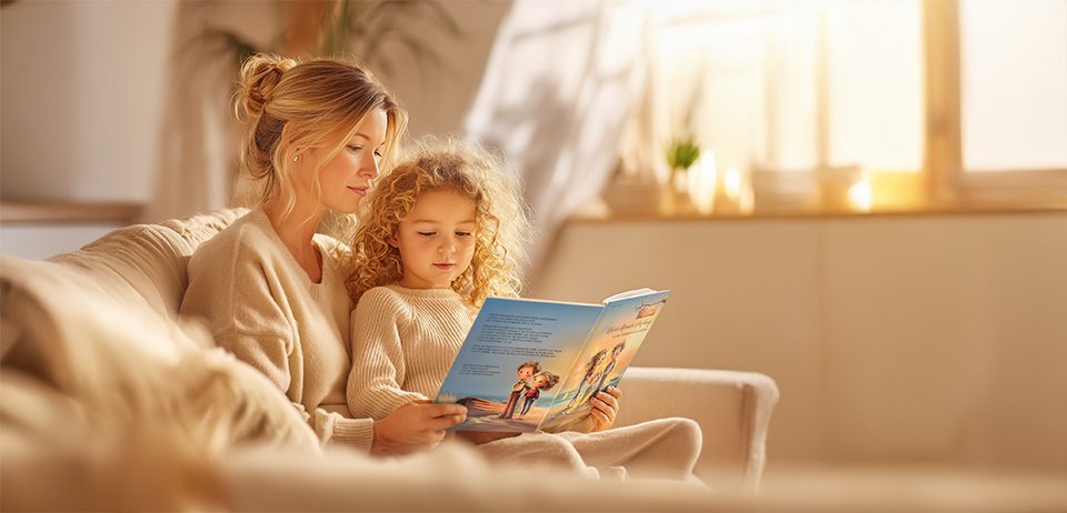 Mutter liest mit Kind ein Kinderbuch über Kinderwunsch auf dem Sofa