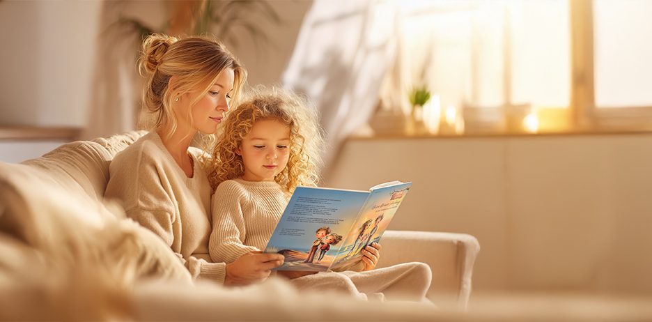 Mutter liest Kinderbuch über  künstliche Befruchtung gemeinsam mit ihrem Kind