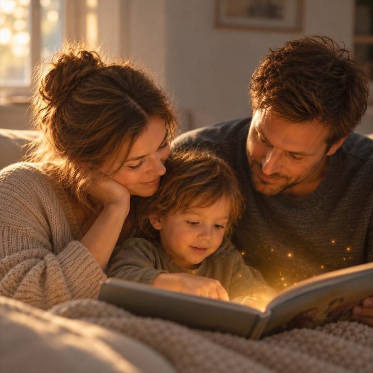 Eltern lesen gemeinsam mit Kind ein Buch – warmer, emotionaler Vorlesemoment in gemütlicher Atmosphäre